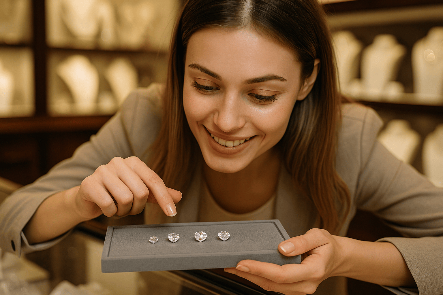 Woman learning how to buy diamonds with confidence