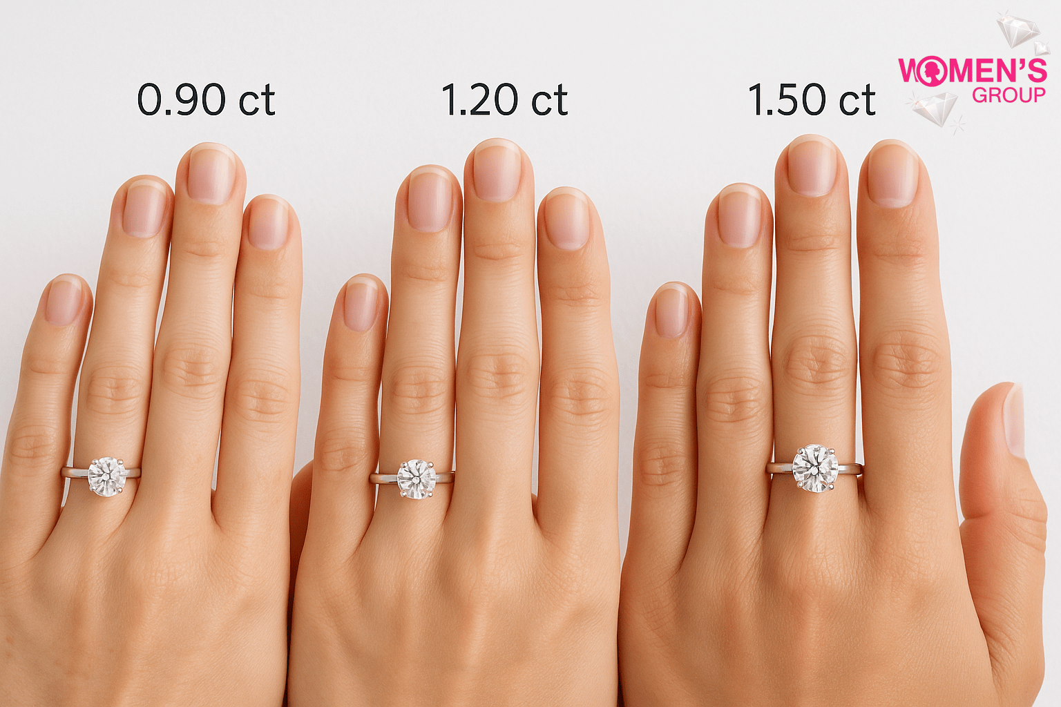 Side by side comparison of diamond sizes showing how different carat weights look on a woman's hand